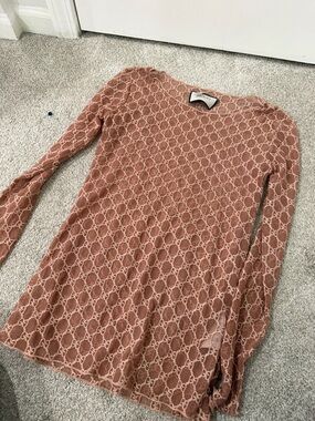 Gucci Sheer Long Sleeve Monogram Top - Rose Brown with Cream Logos